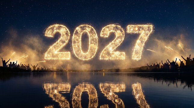 Glowing sparkler 2027 fireworks numbers reflecting on dark lake water with crowd, generative AI
