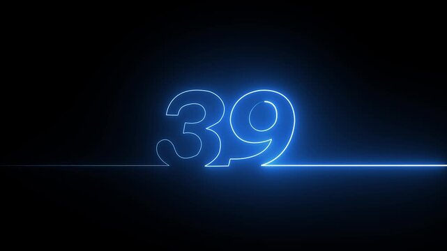 Number 39 in glowing blue neon light on a dark black background