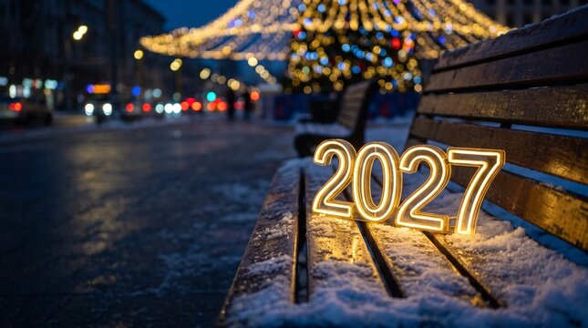 Glowing LED 2027 numbers on snowy city bench with bokeh night background, generative AI