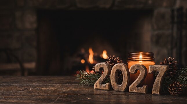 Rustic wooden 3D 2027 numbers on dark table near warm fireplace with candle, generative AI