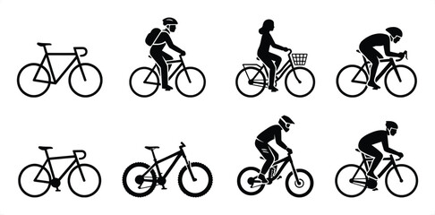 Obraz premium Bicycle Silhouettes with Cyclists in Various Poses and Bike Types on White Background Vector Illustration