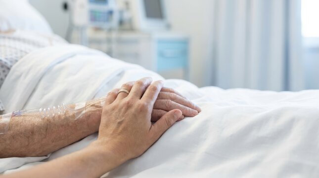 Hands holding over patient in hospital bed, showing care and support.