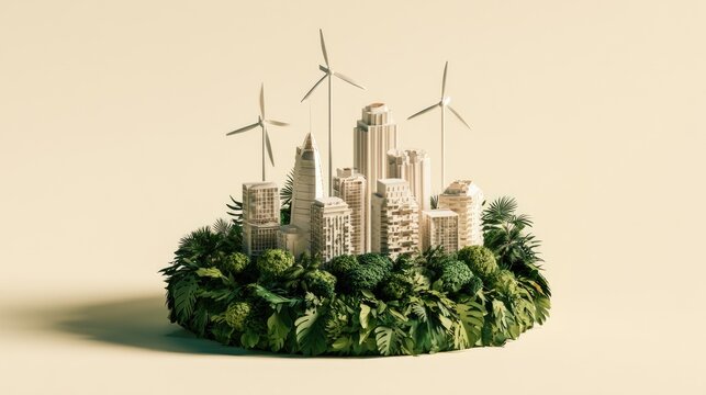 Miniature cityscape with wind turbines and lush greenery atop a natural base