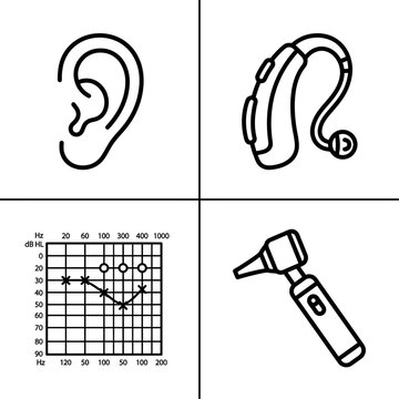 Audiology and Hearing Care Outline Icon Set Featuring Ear Anatomy, Hearing Aid, Audiogram and Otoscope