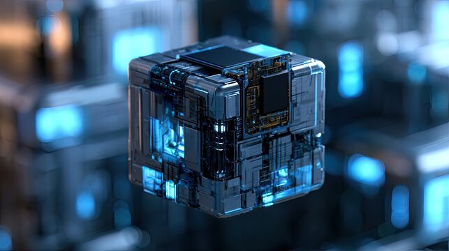 Futuristic cubic device with glowing blue circuits and metallic components