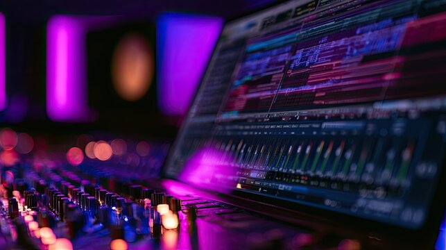 Illuminated audio editing software display on a mixing desk with faders
