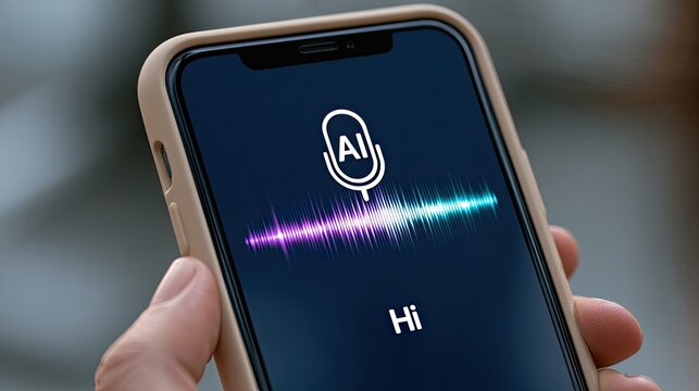 Modern smartphone displays AI voice assistant interface with microphone icon and waveform