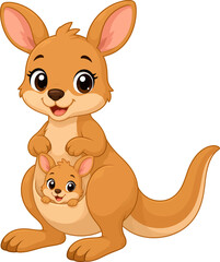 Cute cartoon kangaroo with baby in pouch. Happy mother marsupial character illustration. © Lionian