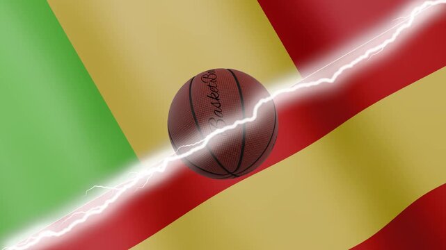 Spinning basketball ball against waving flags Spain and Mali separated by a diagonal electric effect, seamless 4k loop