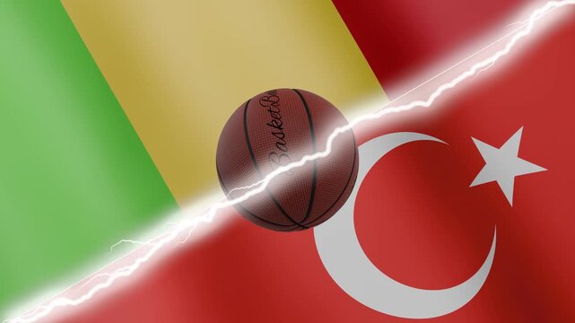 Spinning basketball ball against waving flags Turkey and Mali separated by a diagonal electric effect, seamless 4k loop