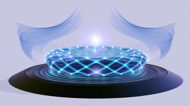 Futuristic glowing toroidal structure levitates on a platform under ethereal blue wisps