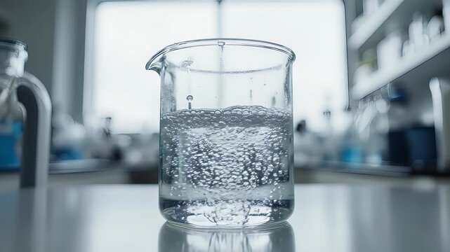 Clear Beaker With Bubbles In A Laboratory Setting.