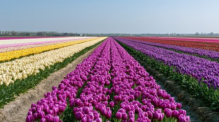 Fototapeta premium Endless rows of vibrant tulips stretch across a field under a clear sky