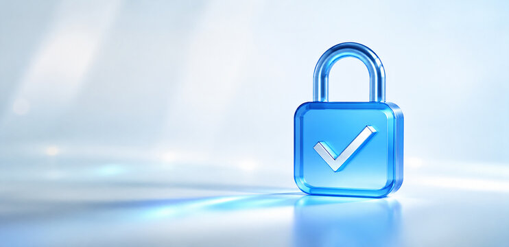 Transparent Blue Glass Padlock with Success Checkmark