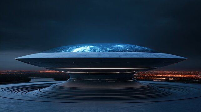 Futuristic alien-like disc structure with illuminated interior, overlooking a city at dusk