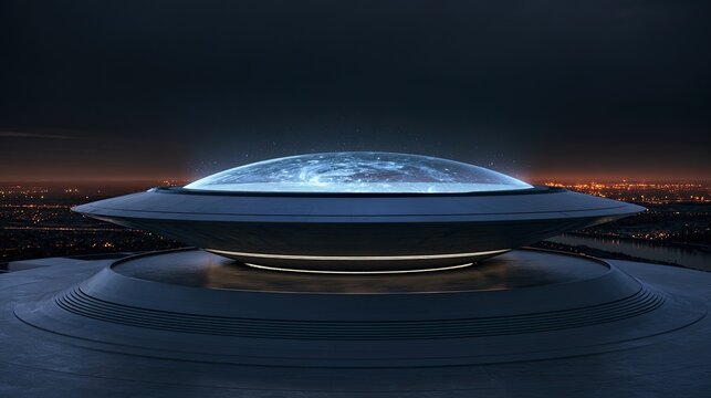 Futuristic disk-shaped craft glowing with light, perched on a platform at night