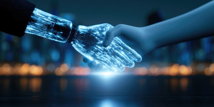 A robotic hand and a human hand shake in a futuristic, glowing handshake