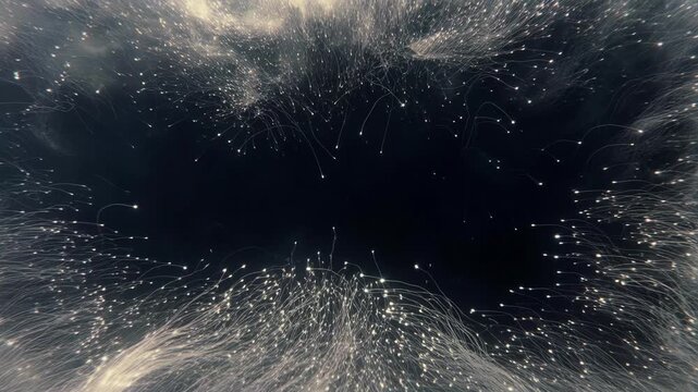 Abstract luminous trails frame a dark center on a navy background, suggesting digital energy and connection