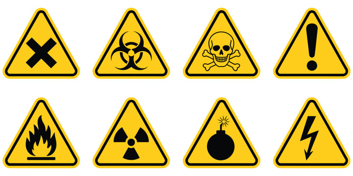danger warning sign icon set, poison toxic biohazard caution symbols with skull and chemical hazard elements for safety design and industrial branding.
