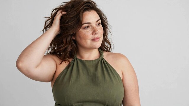 Natural Beauty Portrait of Freckled Woman Wearing Green Halter Top