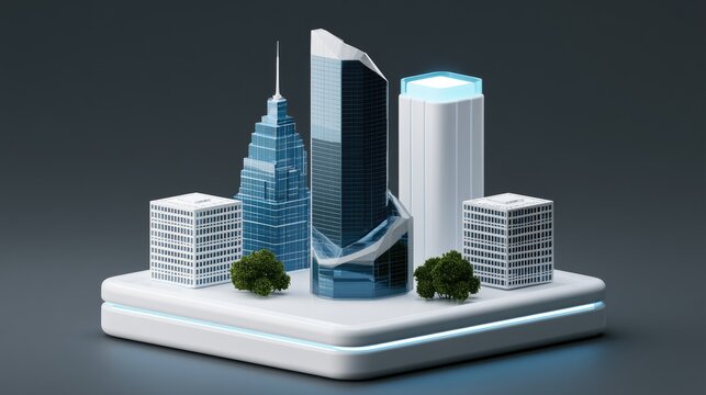 Futuristic urban model with glowing buildings and lush green trees