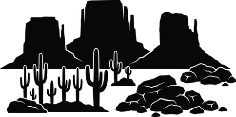Black silhouette of western desert landscape with saguaro cactus and mountain rocks isolated on white background © Shilpi