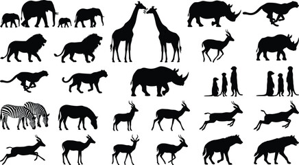 Collection of African safari wildlife silhouettes including elephant lion giraffe and zebra for vector graphic design © Shilpi