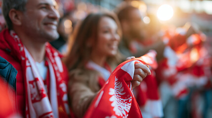 Obraz premium Vertical close-up of faceless sports stadium fans celebrating a soccer championship, diverse crowd waving red and white scarves and smiling during a major international match,