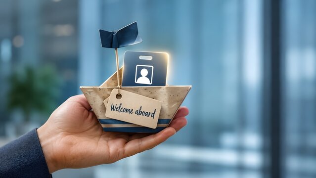 Hand holding paper boat with employee profile card and welcome aboard tag representing new hire onboarding and corporate orientation