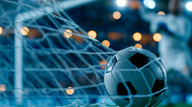 Football championship moment, the ball hitting the net in slow motion as the goalkeeper jumps and fails to protect the goal, opposing team scoring, cinematic slow-motion broadcast