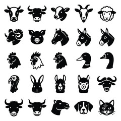 Naklejka premium Farm animal head silhouettes collection on a white background livestock and poultry icons