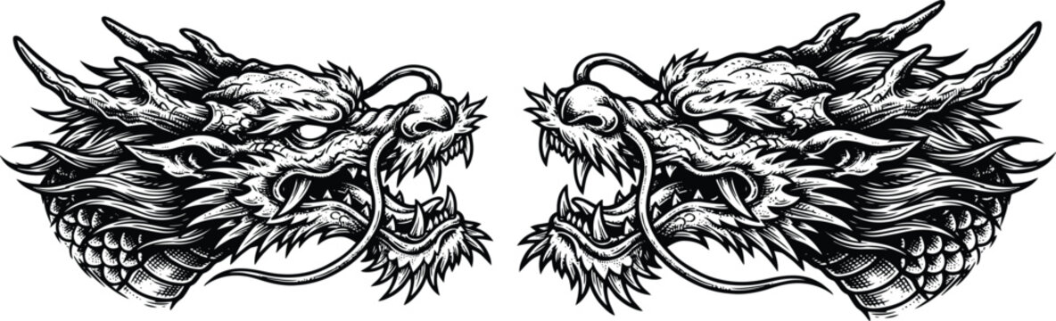 Detailed black and white illustration of two facing dragon heads in a traditional oriental art style