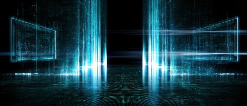 Futuristic neon digital grid with glowing data streams and floating screens
