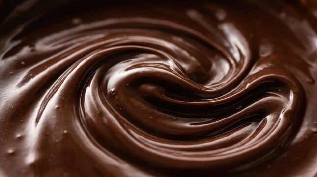 A close up macro shot of smooth melted dark chocolate swirling in a glossy circular pattern