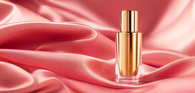 Luxury Gold Cosmetic Bottle on Pink Silk Fabric