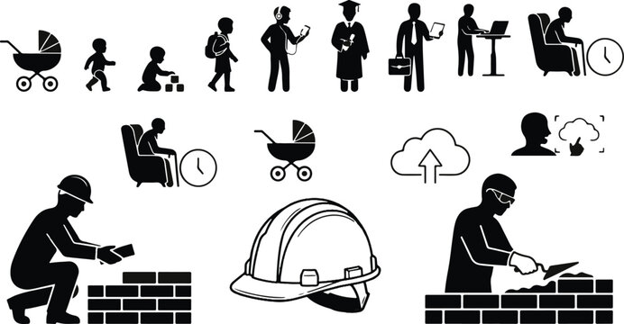 A collection of black silhouette icons representing human life stages from infancy to old age and various professional construction occupations