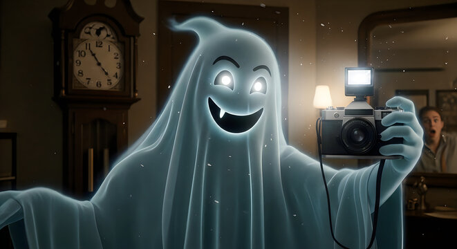 Funny ghost taking a selfie with a camera for halloween celebration