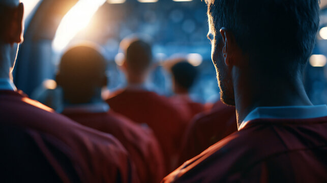 Tunnel walk with teams of faceless football players entering a sold-out soccer arena before a championship match, welcomed like heroes by international fans, with copy space