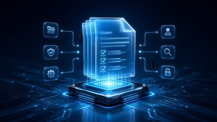 Glowing blue holographic documents with workflow icons representing digital file management system and automated data processing