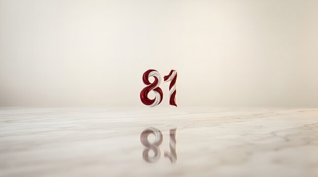 3D Number 81 with Red and White Twisted Texture Floating Above Reflective Surface for Anniversary