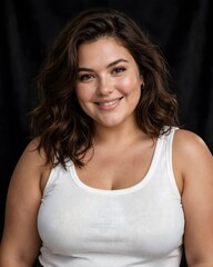 Fototapeta premium Cute beautiful plus size woman in ribbed sleeveless white tank top cute smiling, black background studio photography 