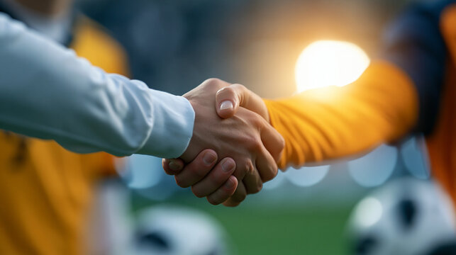 Faceless soccer players from opposing teams exchanging a handshake after an international football championship match, professional sportsmanship after the final whistle, with
