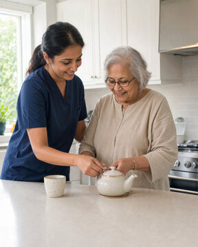 Caregiver and elderly woman prepare tea together in kitchen during afternoon