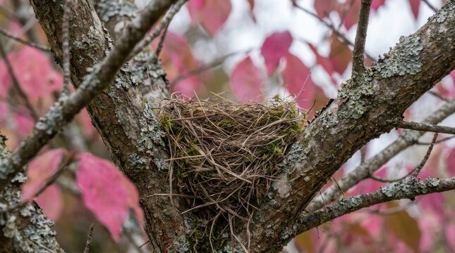 Empty bird nest made of twigs and moss in a tree