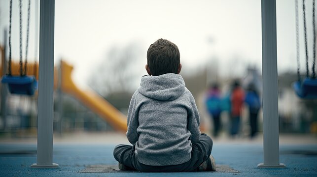 Solitary child sits on playground, looking away from activity