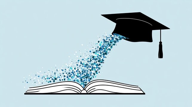 Open book erupts into a graduation cap with swirling particles on blue background