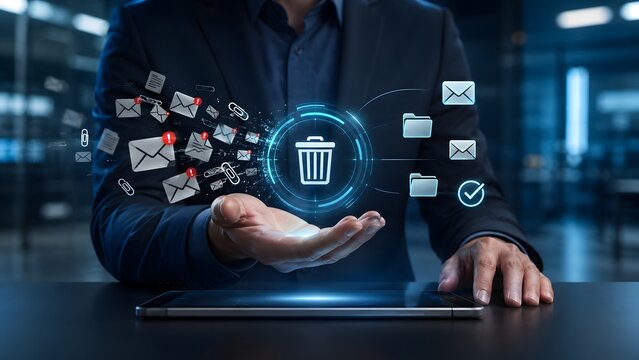Businessman using digital glowing trash can to delete spam emails representing automated inbox cleanup and cybersecurity threat filtering