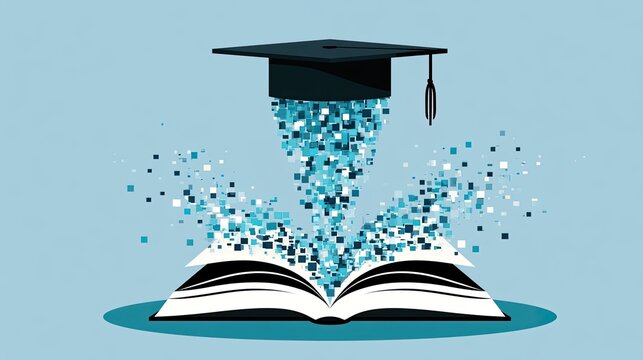 Graduation cap emerges from an open book, scattering digital pixels