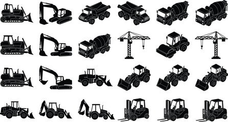 Set of heavy construction equipment silhouettes with excavator crane forklift and bulldozer for industrial graphic design © Shilpi