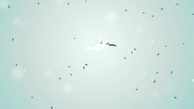 Little white bird carrying feather in gentle motion with falling leaves.
